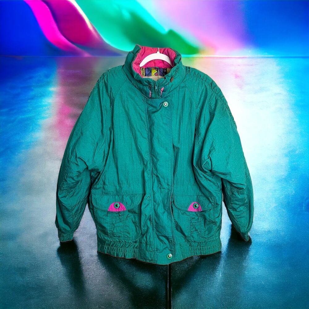 Vintage Izzi Ski Puffer Jacket Women's M Teal 90s Winter Coat Colorblock FLAWED